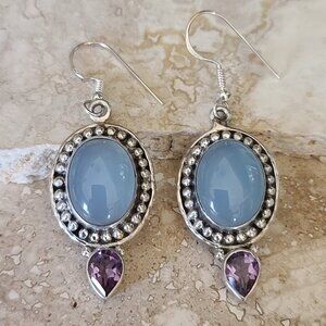 Chalcedony & Amethyst Dangle Earrings 925 Sterling Silver